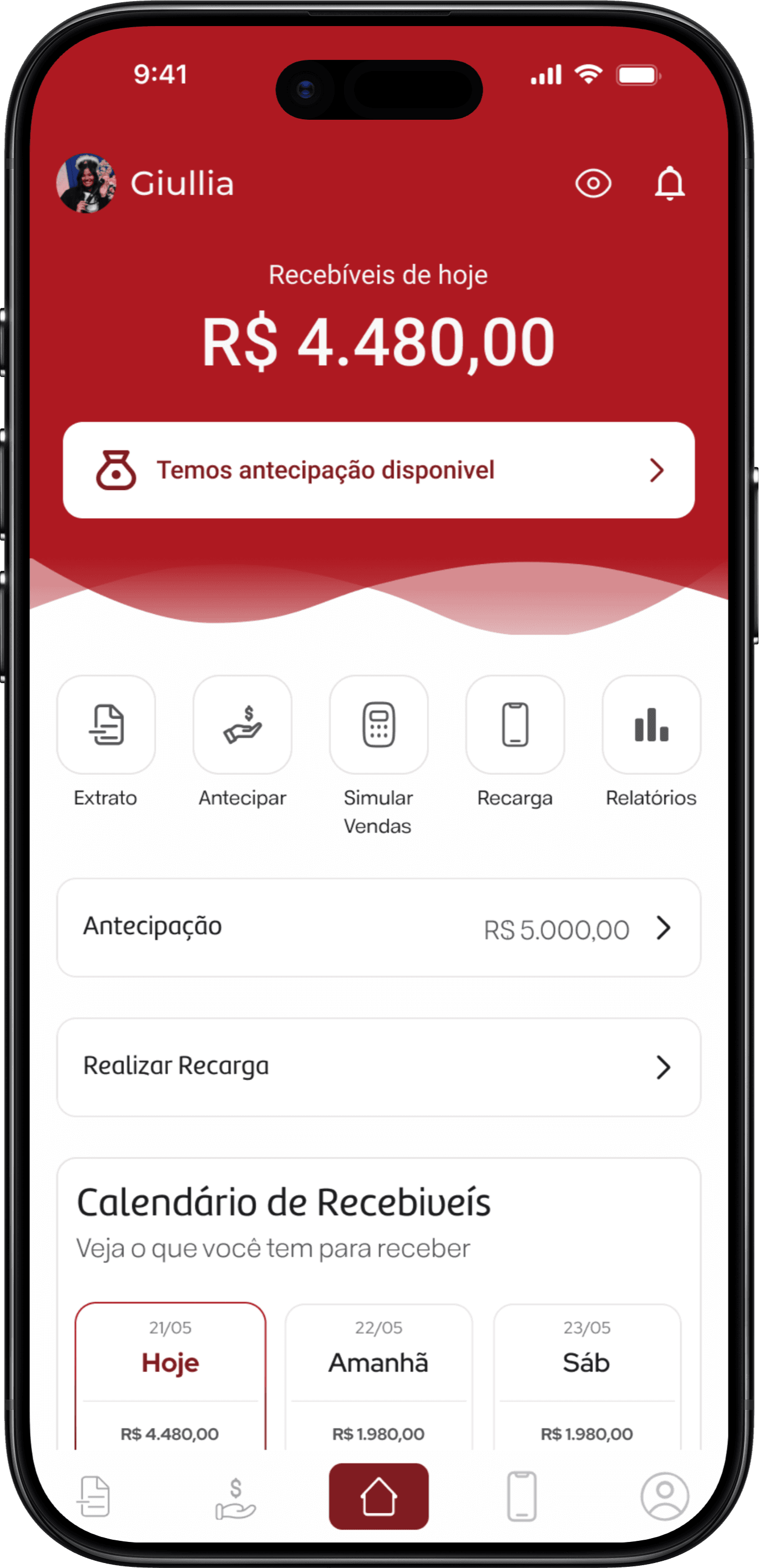 Celular com o painel de recebíveis do app RedeFlex