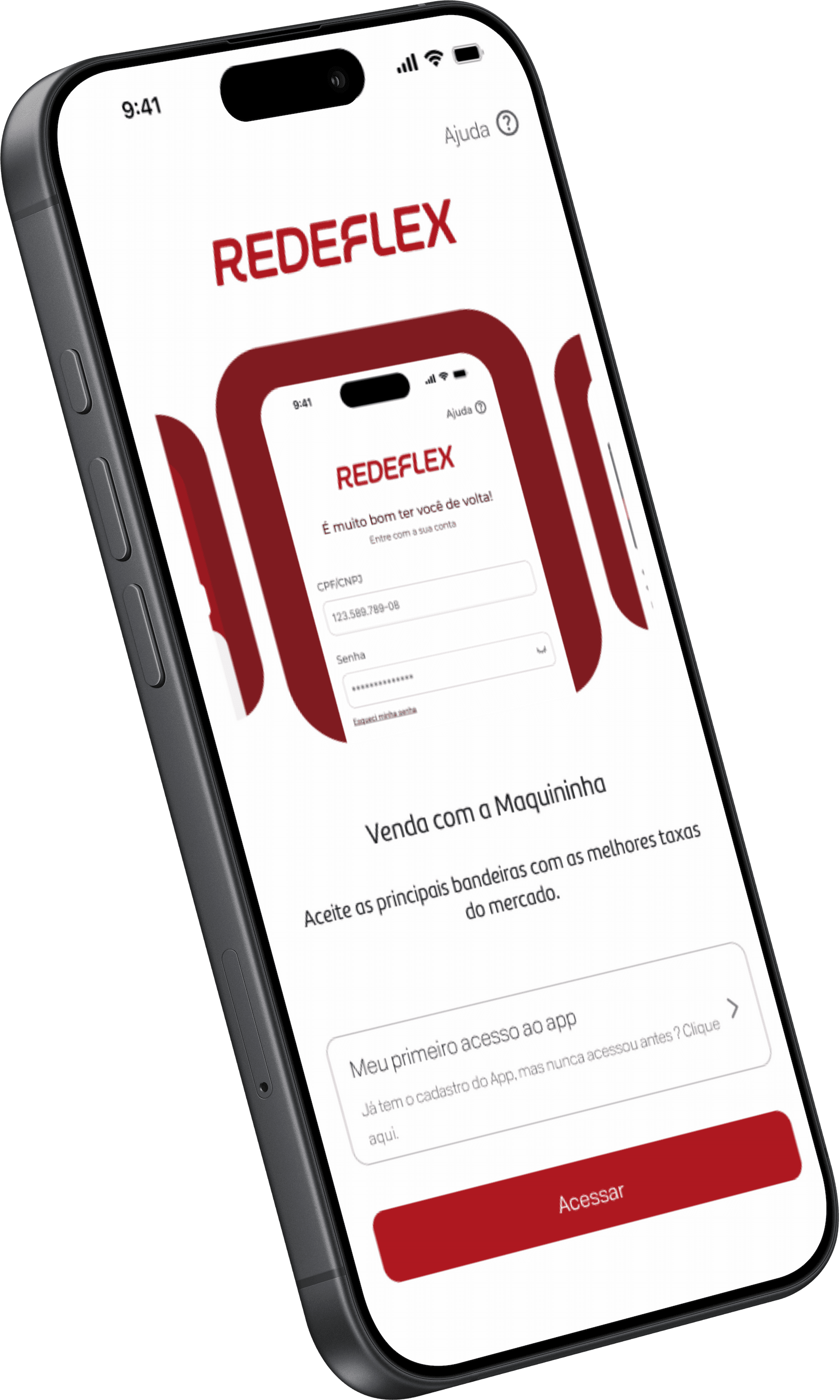 Celular inclinado com a tela de login do app RedeFlex